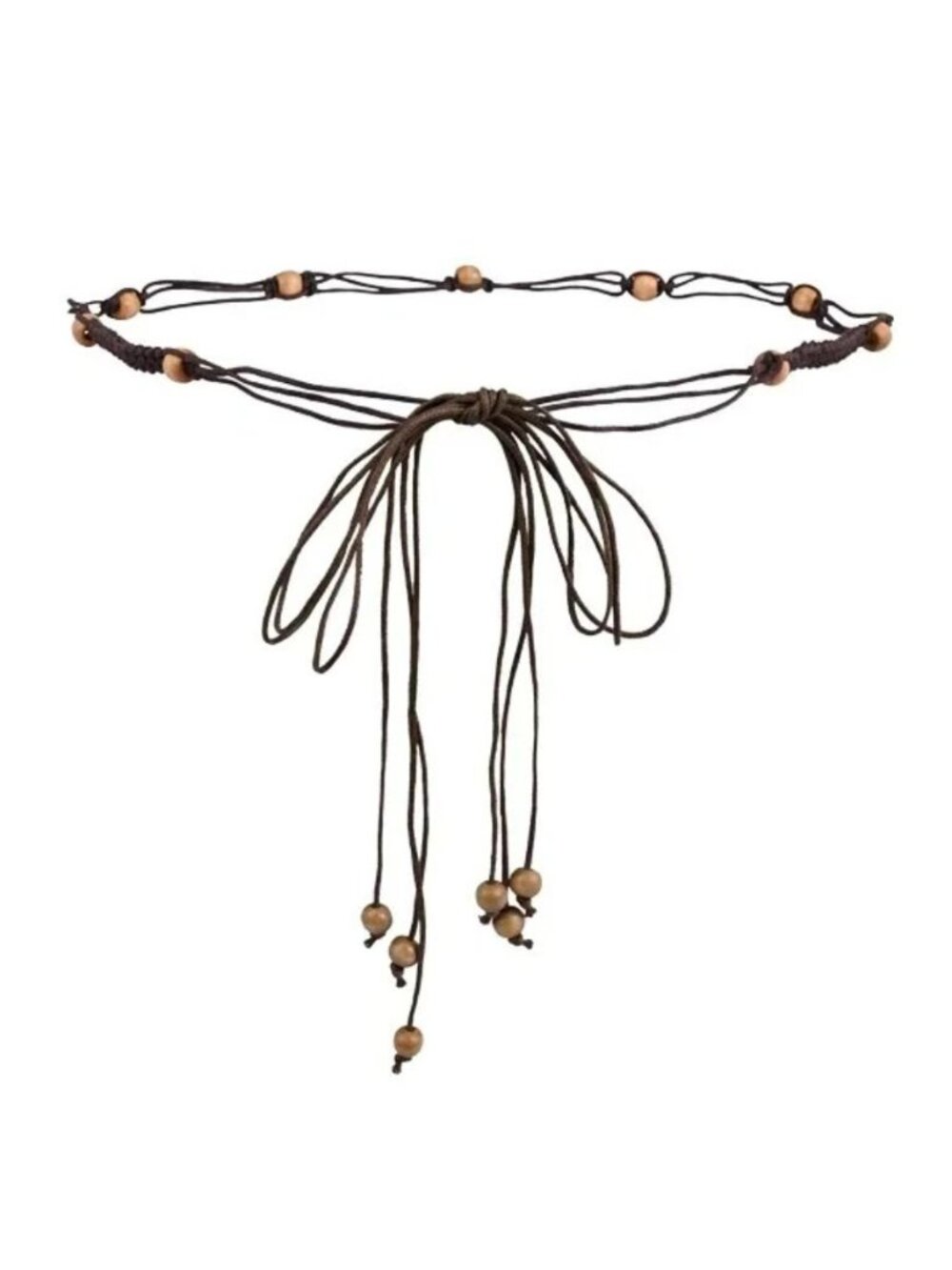 Dark Brown Braided Rope Wrap-Around Belt With Wooden Beads